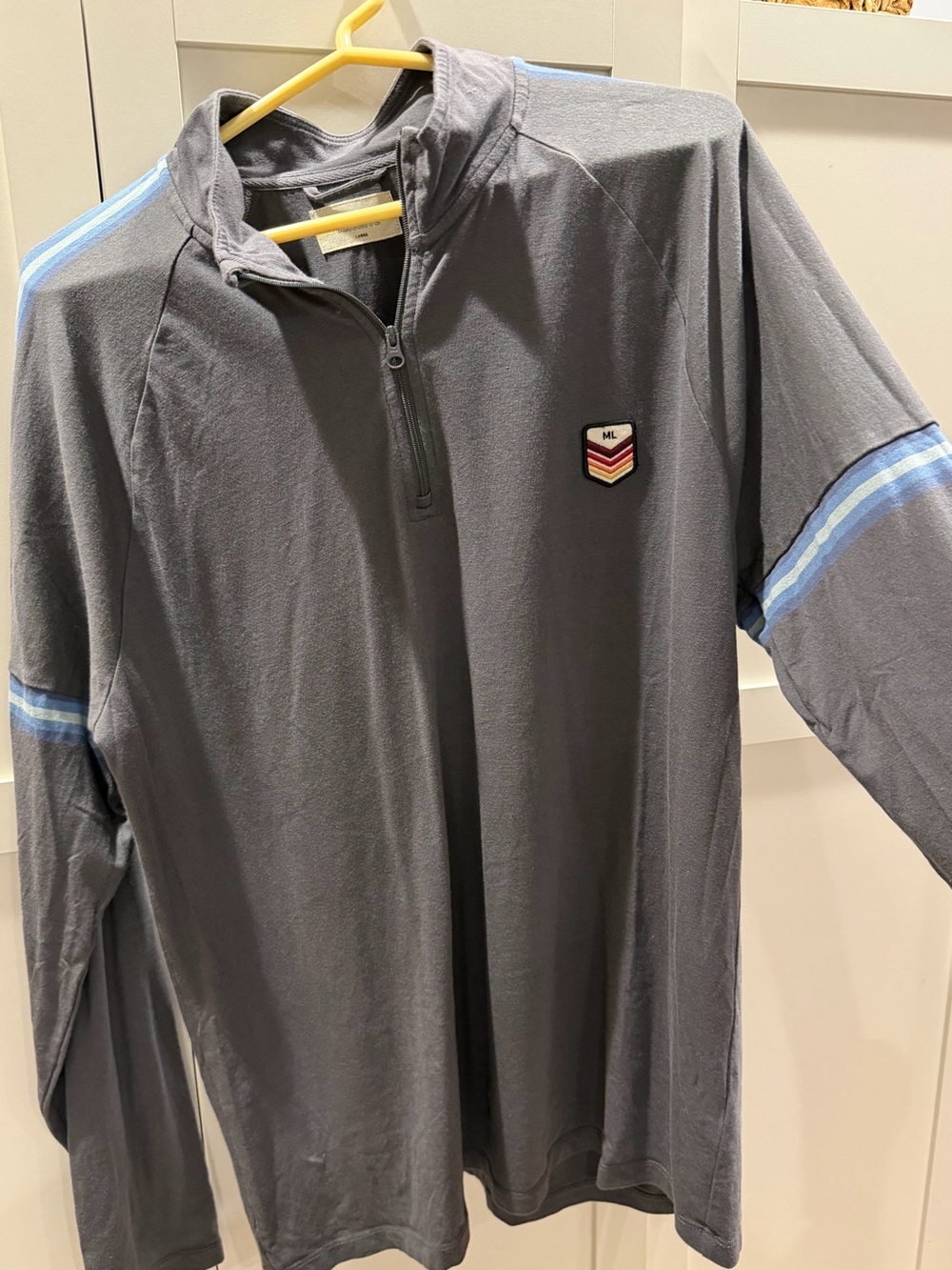 Marine Layer Men's Gray Quarter-Zip Sweater with Light Blue Stripes